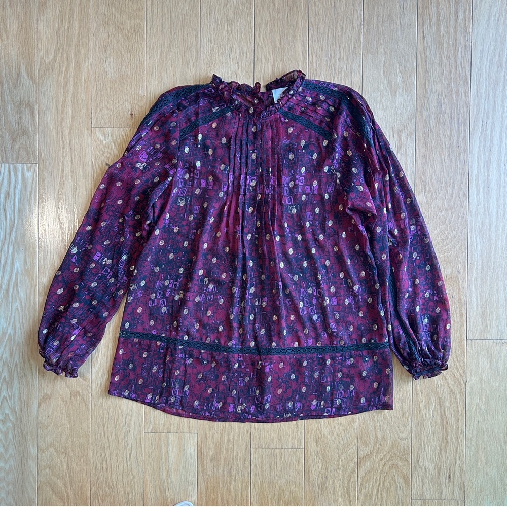 HD in Paris Anthropologie Purple Ruffled Blouse Lace Detail Mandarin Collar S